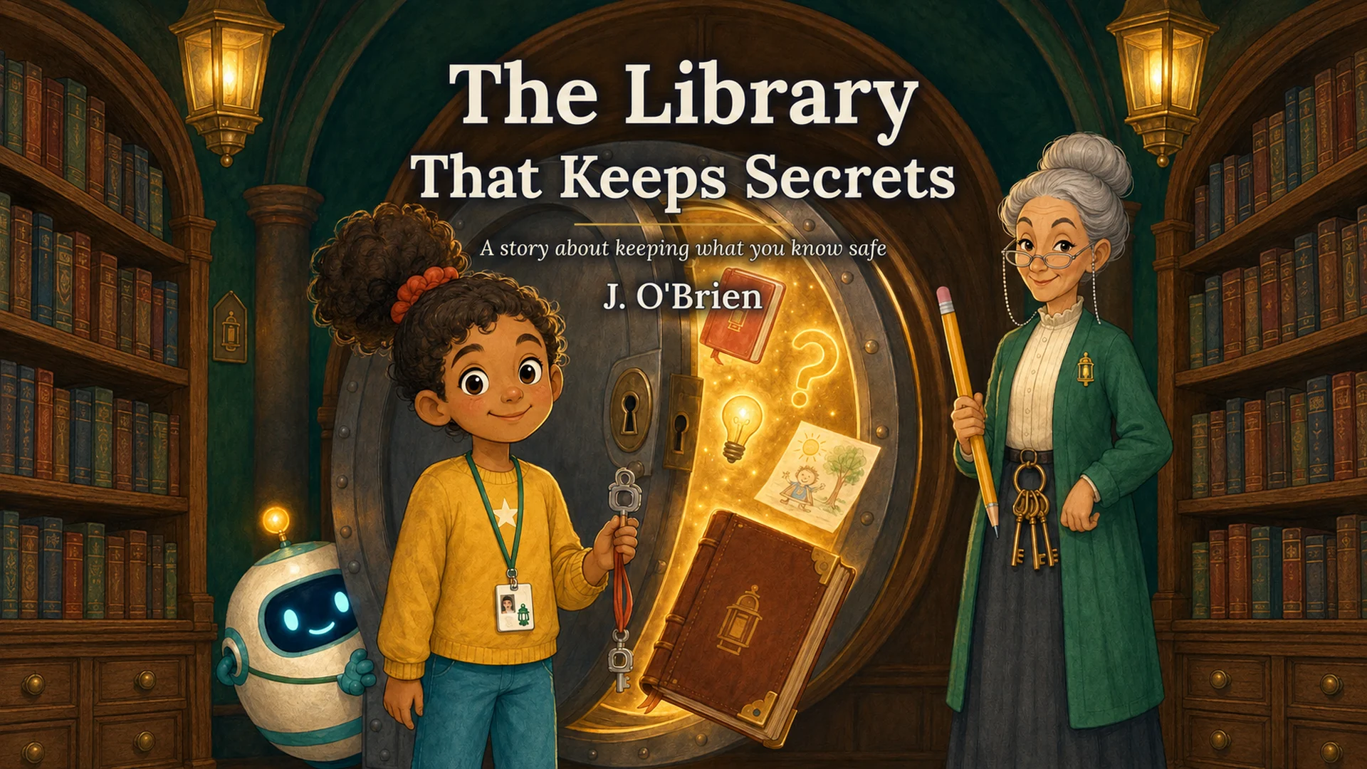 The Library That Keeps Secrets by J. O’Brien — illustrated book cover